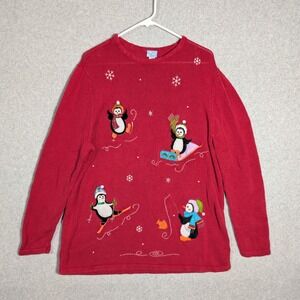 Holiday Editions Sweater Womens XL Red Penguin‎ Winter Festive Holiday Kitschy